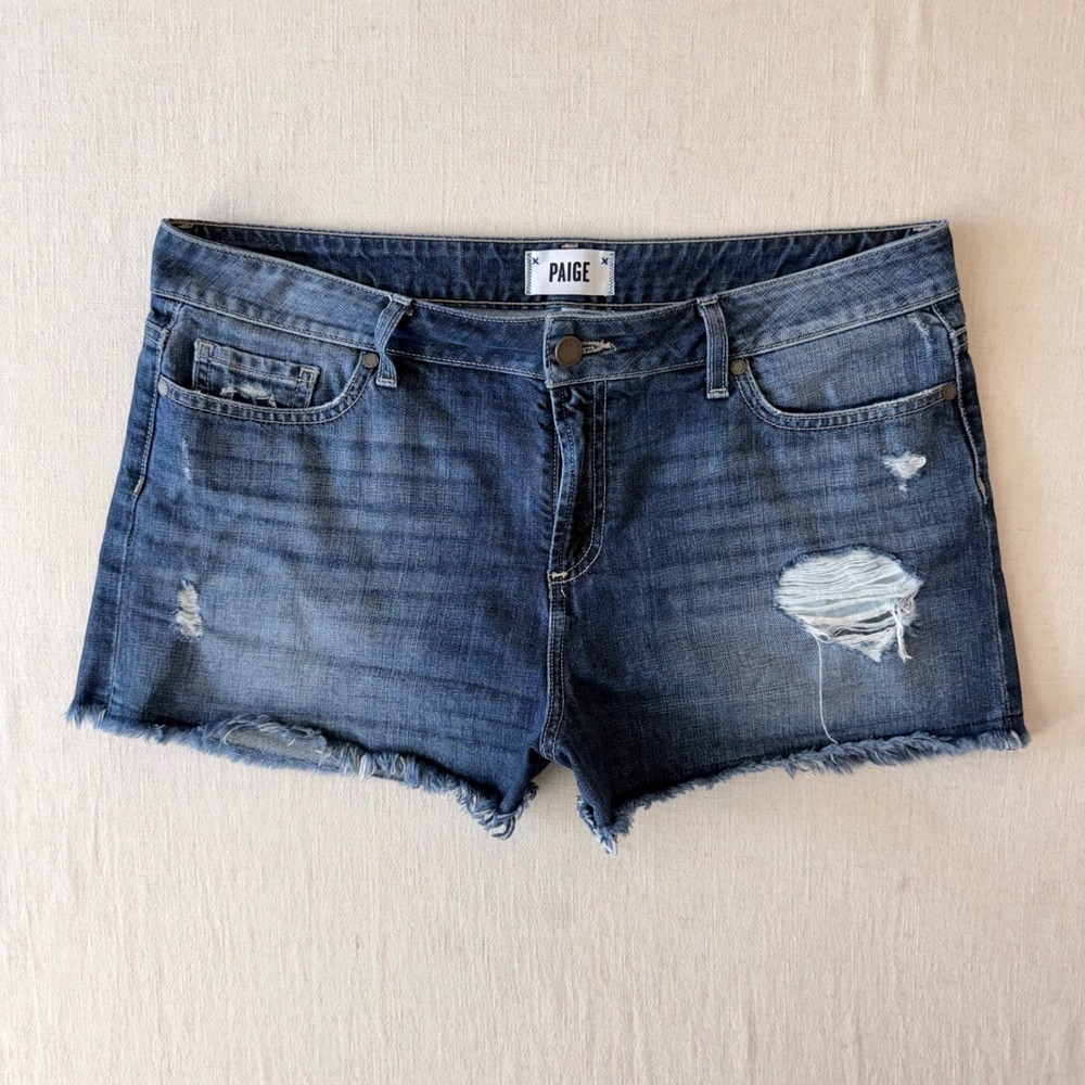 Paige Daryn Cut Off Denim Short Izza Destructed Wash Womens 31 Blue Distressed
